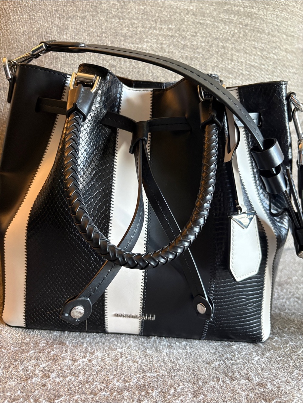 Michael Kors Black and White Striped Satchel